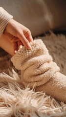 Embracing Comfort: A Cozy Scene with Hand, Warm Sock, and Shag Rug Harmony