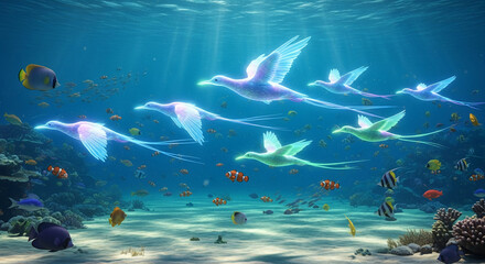 Luminous birds glide underwater amidst colorful coral and fish, creating a serene and ethereal scene, symbolizing freedom, tranquility, and the beauty of the ocean