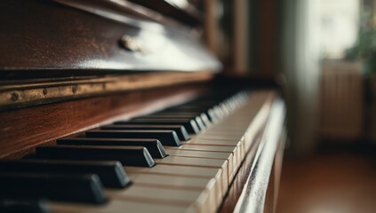 An antique piano keyboard with black and white keys presents a musical instrument ready for a performance in a softly lit room.