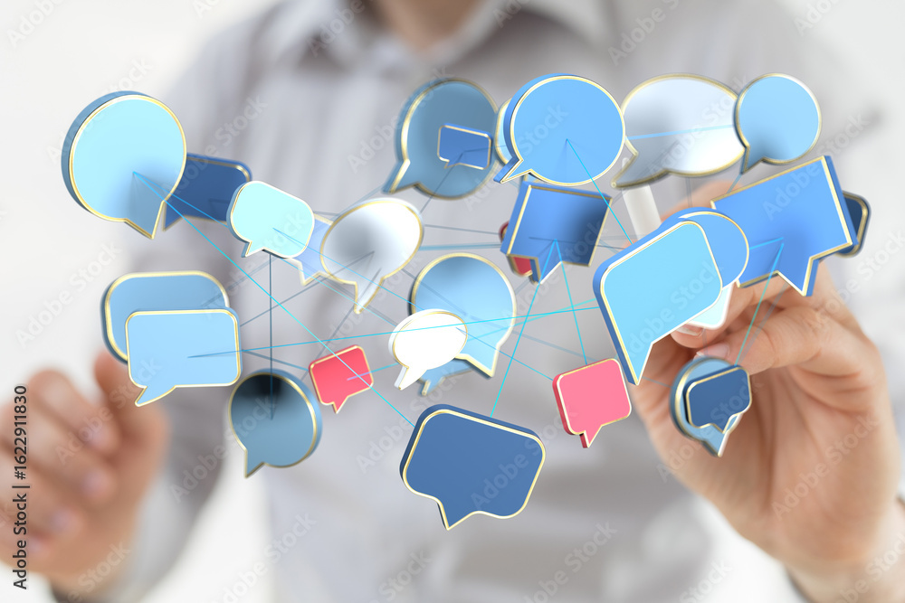 Poster abstract image of interconnected speech bubbles, symbolizing global communication and networking.