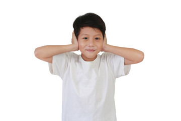 Portrait of happy Asian boy child covering ears with his hands isolated on white studio background.