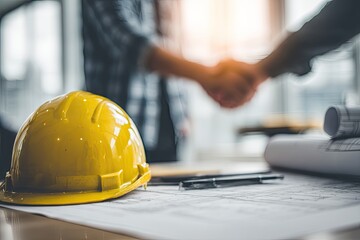 Business handshake, blueprints, and safety helmet
