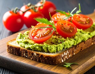Open sandwich with avocado, tomato and arugula on whole grain bread