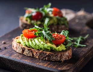 Open sandwich with avocado, tomato and arugula on whole grain bread