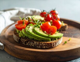 Open sandwich with avocado, tomato and arugula on whole grain bread