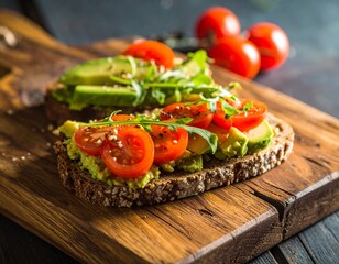 Open sandwich with avocado, tomato and arugula on whole grain bread