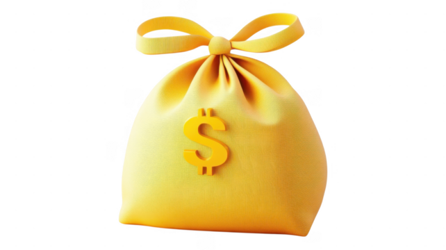 Bright yellow money bag with dollar sign on transparent background