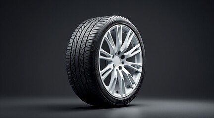 Single car tire with silver alloy wheel on dark background automotive vehicle