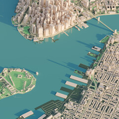 3D render map of New York City view. 3D illustration of an aerial view of New York, USA.