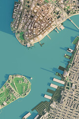 3D render map of New York City view. 3D illustration of a top view of New York, USA.