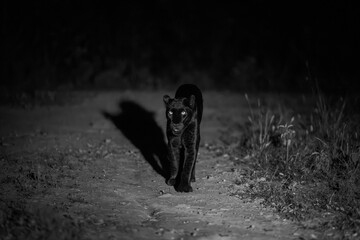 Mono black leopard approaches camera in darkness