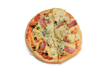 Pizza topped with cheese, spinach and bacon isolated on white background. Top view.