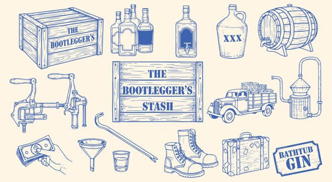"The Bootlegger's Stash" Vector Illustration Set. Blue Hand Drawn Graphics of Prohibition Era and Speakeasy Elements. Vintage Moonshine and Bootlegging Icons for Themed Design Projects.
