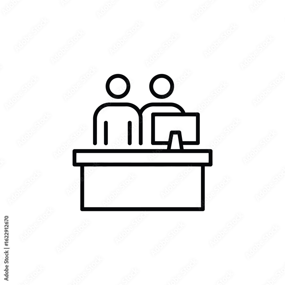 Poster two people working at a desk with a computer
