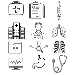 Plakat Minimalist Medical Icons Set – Black and White Vector Illustrations of Healthcare, Hospital, Anatomy, and Equipment for Professional and Educational Use.