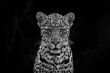 Mono close-up of leopard cub watching camera