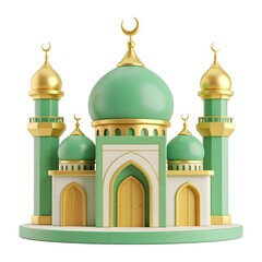 3d cartoon mosque with large central dome, tall minarets, crescent moon on top, arched doors and windows, soft green and gold tone.
