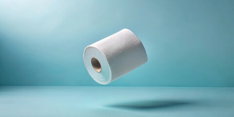 A Single Roll of Soft White Toilet Paper in a Minimalist Setting on a Light Blue Background