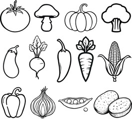 Plakat Playful Cartoon Vector of Fresh Vegetables and Fruits – Colorful Food Icons Featuring Tomato, Carrot, Corn, and Broccoli for Kids, Culinary, and Design Use