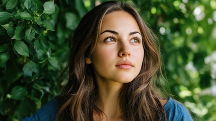 Fototapeta premium Woman with long brown hair looking thoughtfully into the distance outdoors surrounded by lush green foliage
