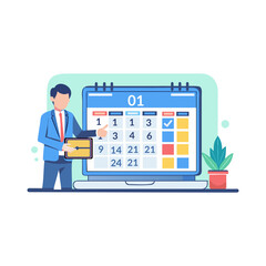 Businessman points to a digital calendar, highlighting a schedule. A friendly, flat-design illustration showcases a businessman standing in front of a laptop displaying a digital calendar.