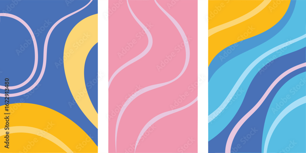 Poster four lines in different colors and shapes, showcasing a variety of designs and patterns against a ne