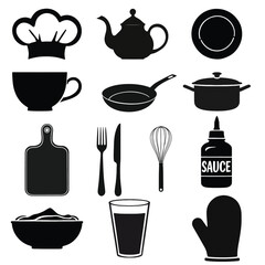 Naklejka na ściany i meble Minimalist Kitchen Utensil Silhouettes – Vector Icons of Cooking Tools, Cutlery, and Kitchenware for Culinary, Food Prep, and Home Design Projects