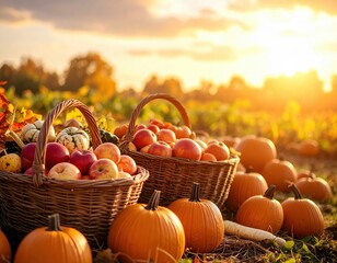 Baskets filled with colorful apples and pumpkins are placed in a sunlit field, surrounded by vibrant autumn foliage, capturing the essence of harvest season and nature's bounty