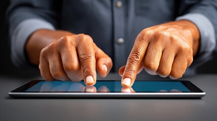 Man using a tablet device with both index fingers on the screen