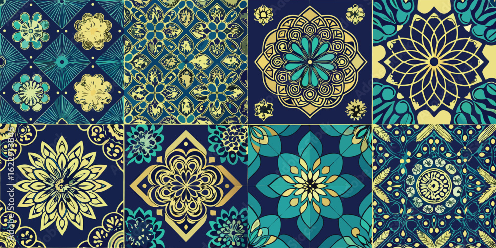 Poster seamless patterns featuring elegant designs in blue and gold hues, showcasing a sophisticated color 