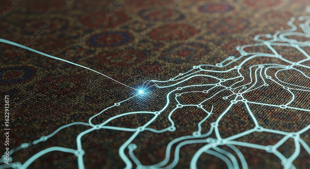 Poster glowing network lines on textured surface, suggesting connection, navigation, or data flow, abstract