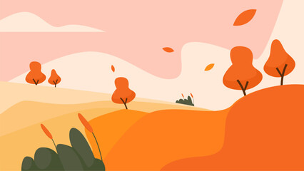 Autumn landscape flat vector with orange trees for background