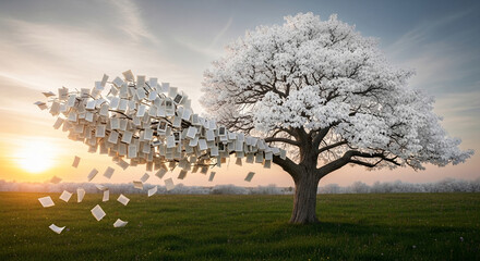 Tree with one side adorned with pages, other with white blossoms, set against a sunset, symbolizing the passage of time, knowledge, and nature's beauty