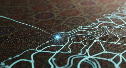 Glowing network lines on textured surface, suggesting connection, navigation, or data flow,  abstract concept of digital pathways