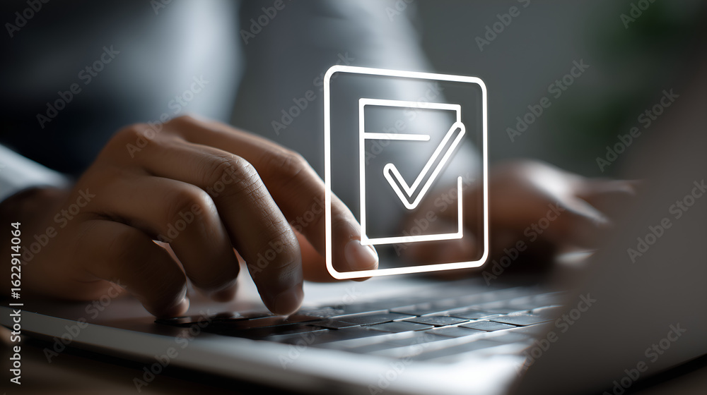 Poster digital confirmation: a close-up shot of hands navigating a laptop with a digital checkmark overlay,