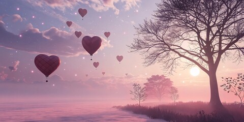 Obraz premium Magical Dreamy Landscape With Heart Shaped Hot Air Balloons Floating Over Misty Waters Under A Starry Sky