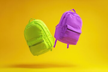 Two vibrant green and neon purple backpacks floating in the air isolated on yellow background. Colorful school bags are suspending mid-air. Dynamic movement composition. product presentation, playtime