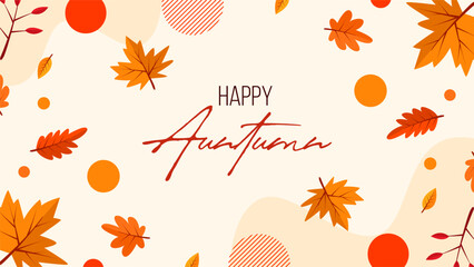 Autumn greeting card with falling leaves in flat cartoon style