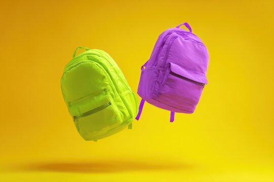 Two vibrant green and neon purple backpacks floating in the air isolated on yellow background. Colorful school bags are suspending mid-air. Dynamic movement composition. product presentation, playtime