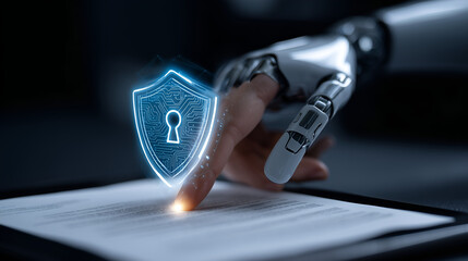 Digital Fortress: An advanced robotic hand interacts with a digital security shield, symbolizing the intersection of technology and data protection.