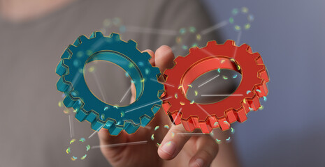 Image of two gears interlocked, representing teamwork, collaboration, and synergy.