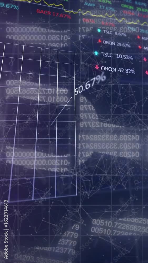 Poster animation of chains and financial data processing over white background