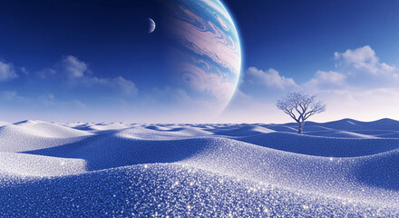 Blue, snow-covered landscape under a twilight sky, featuring a lone tree and a large planet, creating a serene and otherworldly scene, symbolizing peace, solitude, and cosmic wonder