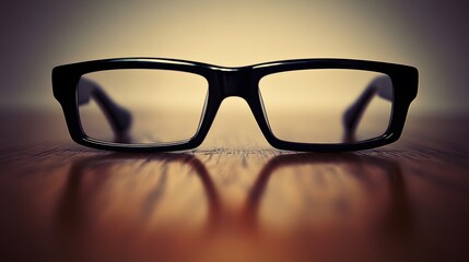 Stylish Black Eyeglasses on Wooden Table, Closeup View