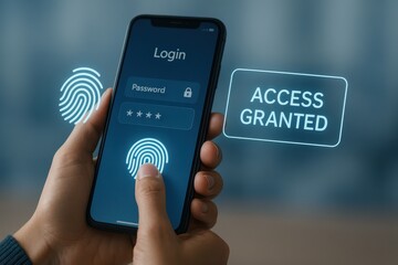 User unlocking mobile phone using fingerprint authentication and receiving secure access granted notification
