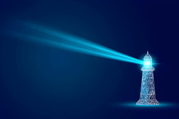 Lighthouse tower drawn with geometric lines and glowing searchlights stretching left and right on a calm blue backdrop offering a premium hero banner for consulting fintech and technology brands