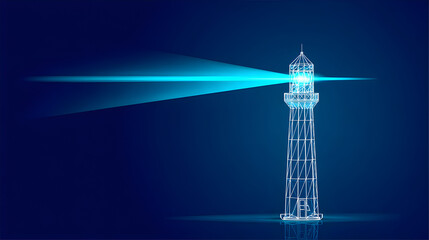 Lighthouse navigation aid in modern wireframe style casting long cyan beams through night sky leaving wide negative space suitable for mission values purpose statements and corporate storytelling