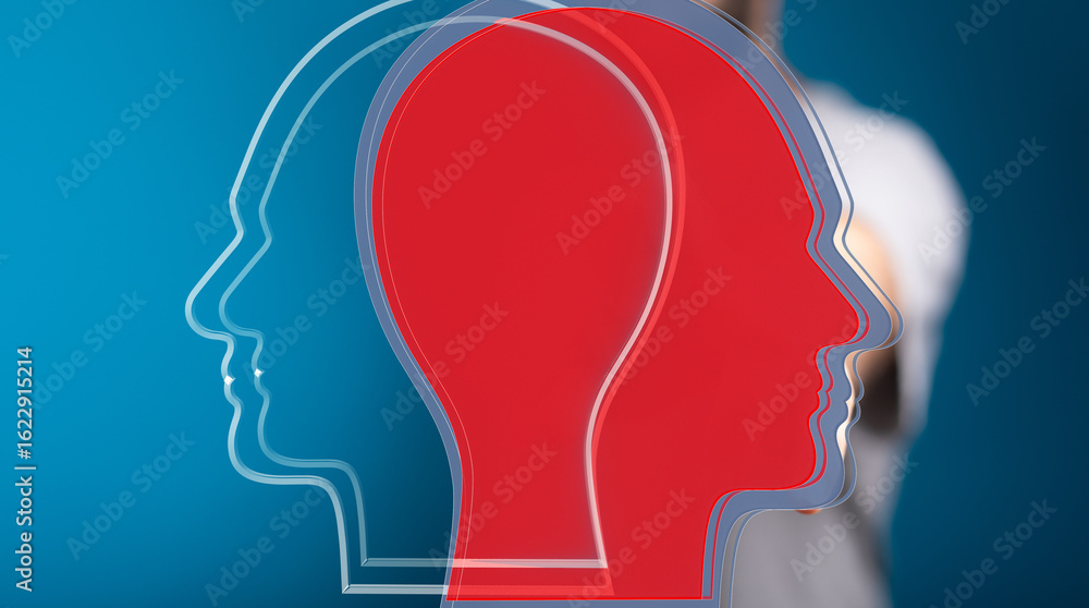 Poster abstract image of overlapping head silhouettes in red and blue. perfect for concepts of identity, du