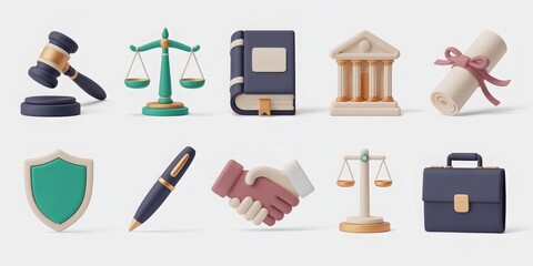 Set of 10 3D law and justice icons on a white background, ideal for legal websites and law firm branding