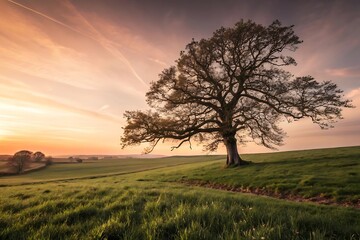 Stunning countryside landscape with majestic oak tree at sunset creates peaceful and serene atmosphere